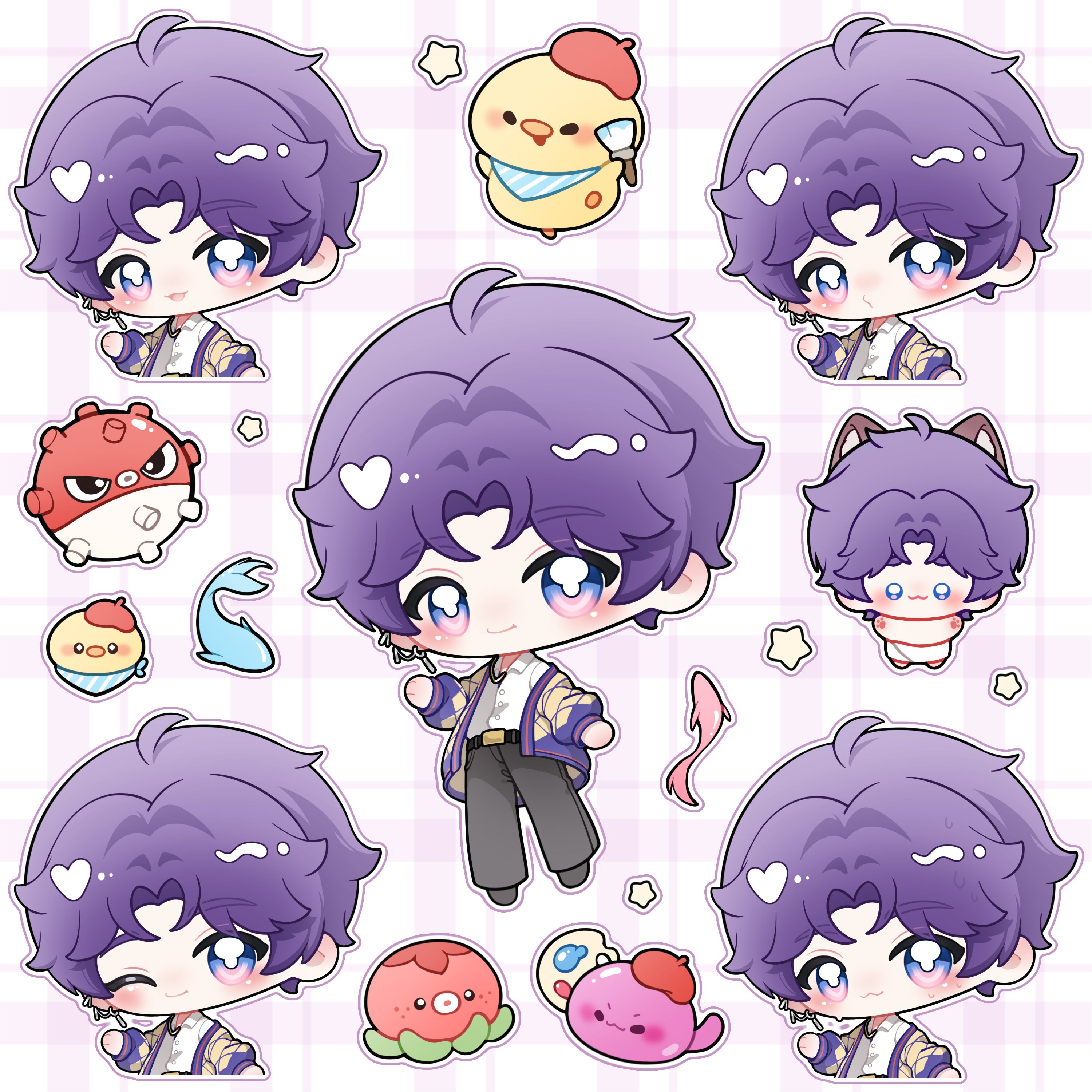 Love and Deepspace Chibi Series – Sticker Pack  Featuring characters from Love and Deepspace including Xavier, Zayne, Rafayel, Sylus, Caleb.