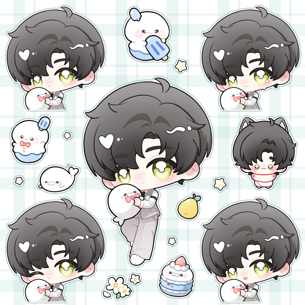 Love and Deepspace Chibi Series – Sticker Pack  Featuring characters from Love and Deepspace including Xavier, Zayne, Rafayel, Sylus, Caleb.