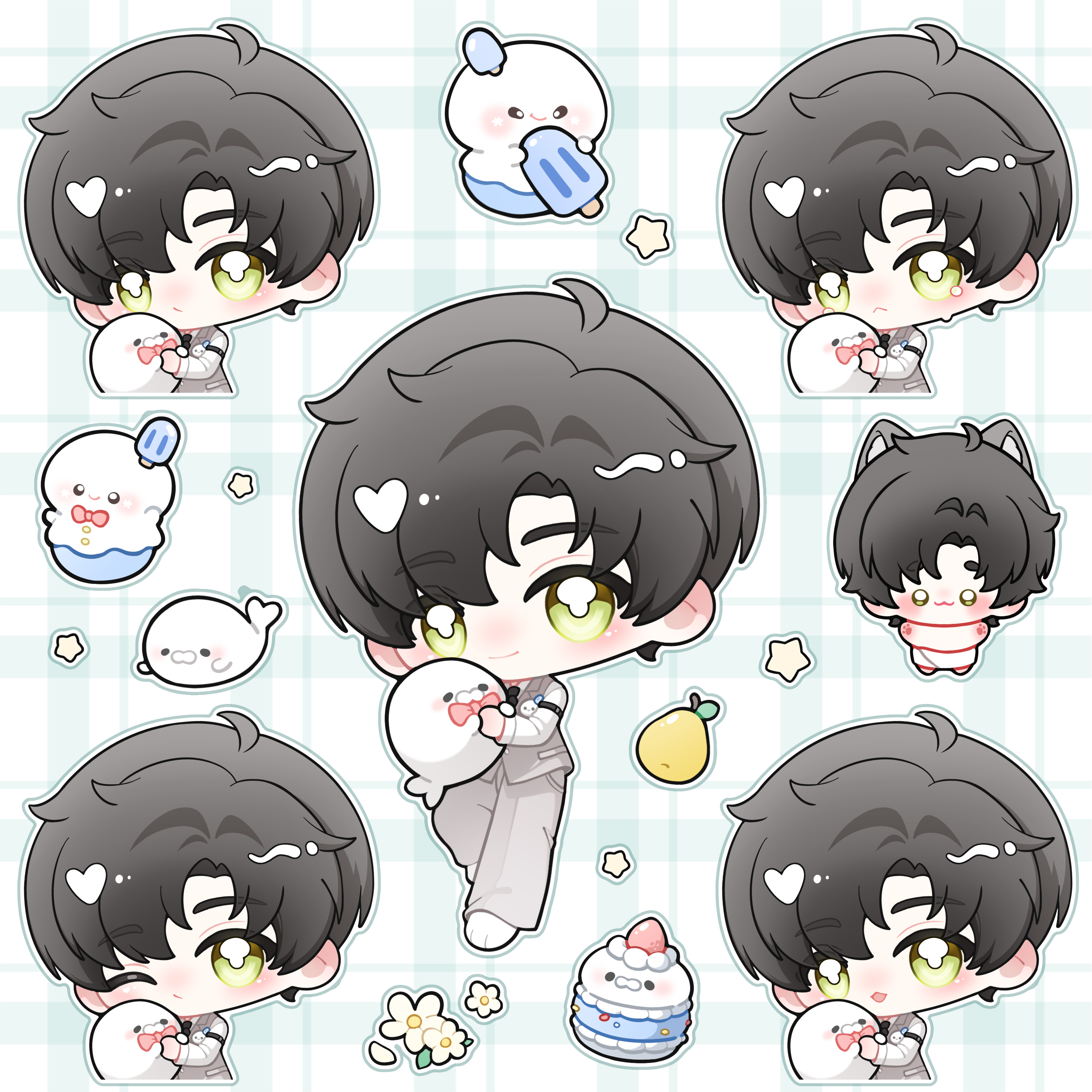 Love and Deepspace Chibi Series – Sticker Pack  Featuring characters from Love and Deepspace including Xavier, Zayne, Rafayel, Sylus, Caleb.